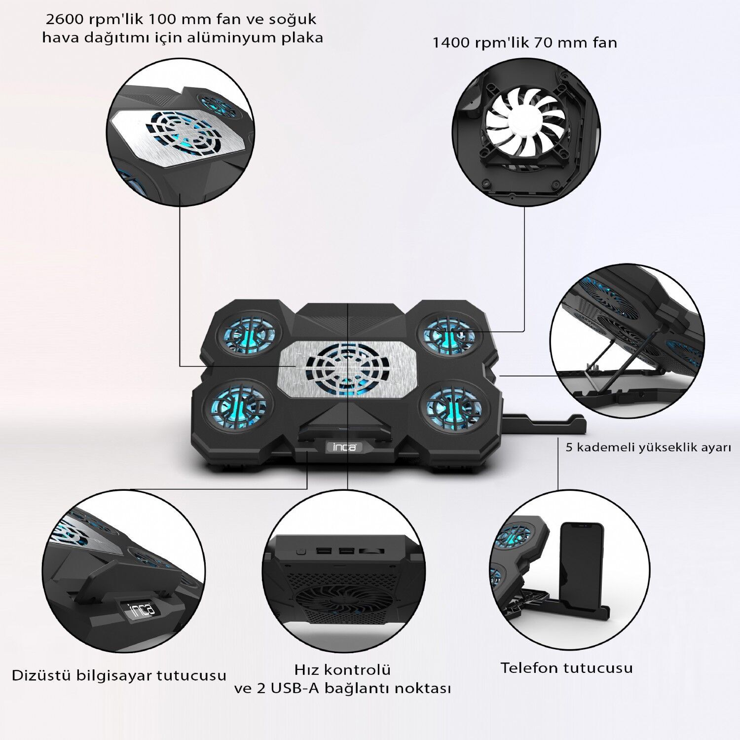INC-614Gms Empousa 5 Adet Mavi Led Fan 2600Rpm 9 ''-17'' Gaming Notebook Soğutucu