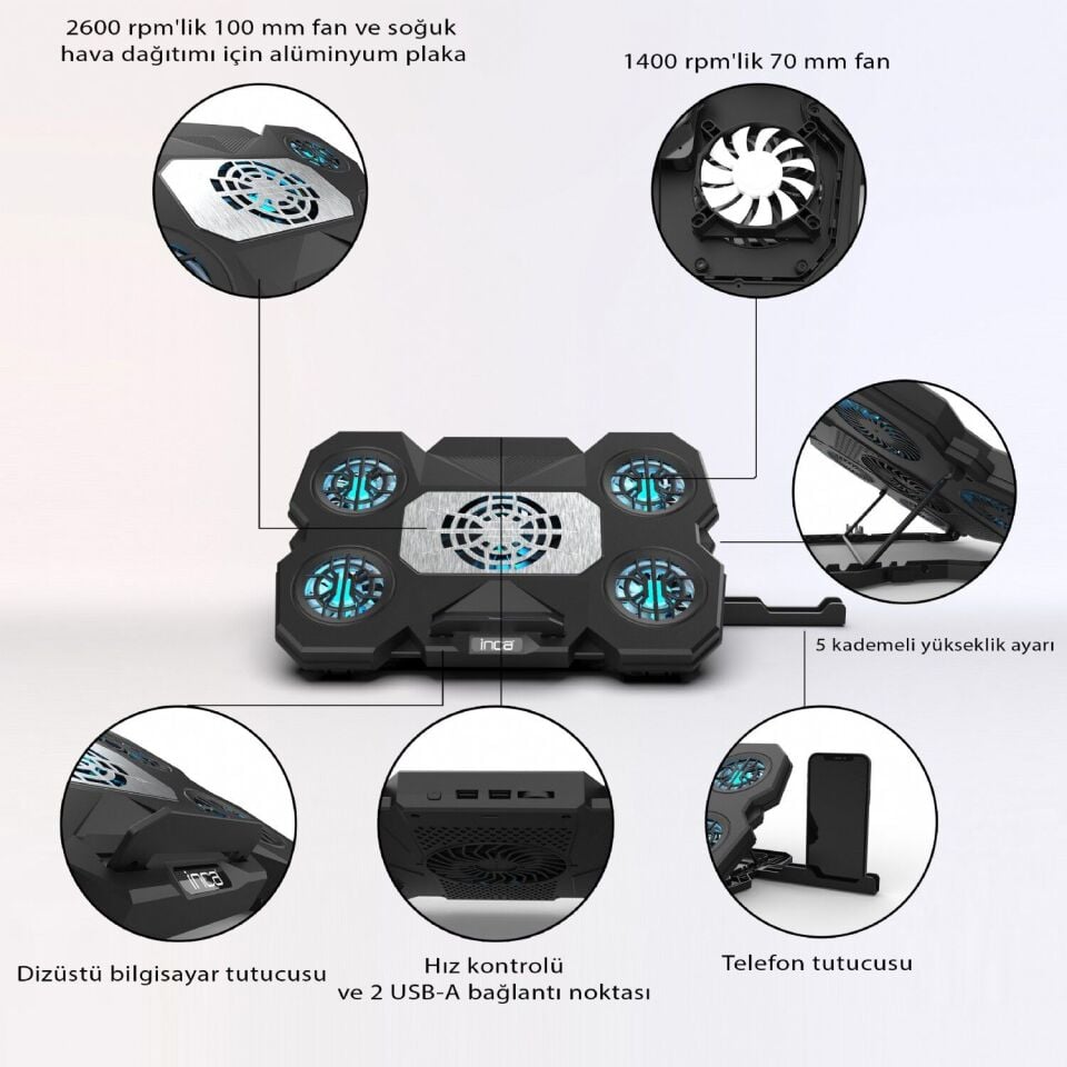 INC-614Gms Empousa 5 Adet Mavi Led Fan 2600Rpm 9 ''-17'' Gaming Notebook Soğutucu
