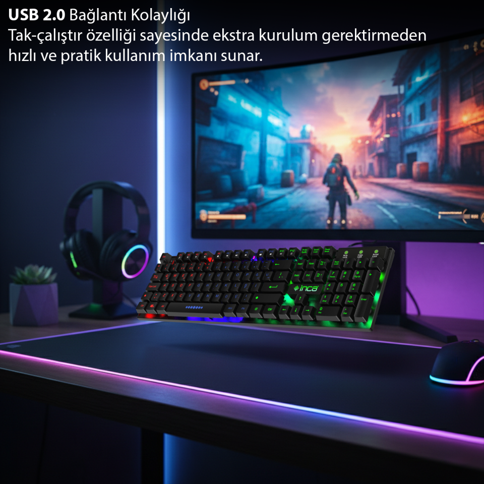 IKG-446 105 Tuş Aydınlatmalı Kablolu Klavye | USB 2.0 3 Renk Arka Işık Türkçe Tuş Dizilimi