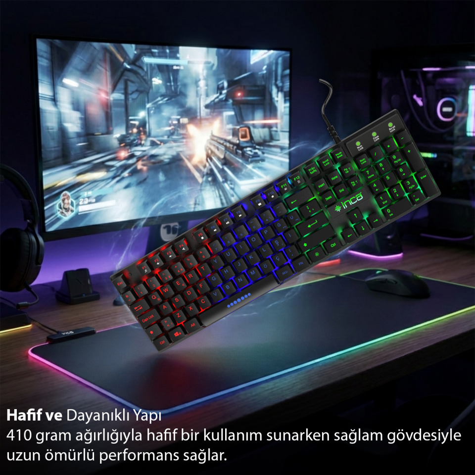 IKG-446 105 Tuş Aydınlatmalı Kablolu Klavye | USB 2.0 3 Renk Arka Işık Türkçe Tuş Dizilimi