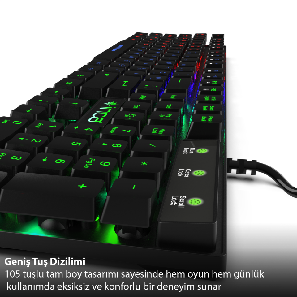 IKG-446 105 Tuş Aydınlatmalı Kablolu Klavye | USB 2.0 3 Renk Arka Işık Türkçe Tuş Dizilimi
