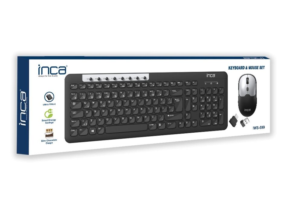 Inca IWS-599 Kablosuz Multimedya Süper Konforlu Çift Alıcılı USB & Type-C Klavye Mouse Set
