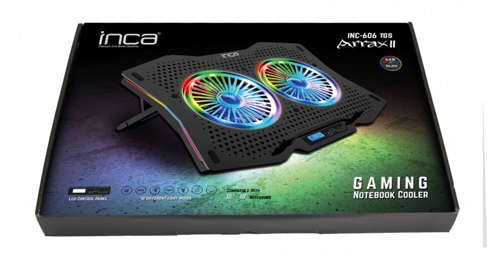 INC-606TGS RGB LCD Ekranlı Çift Fan Notebook Soğutucu | 6 Kademeli 72CFM Sessiz