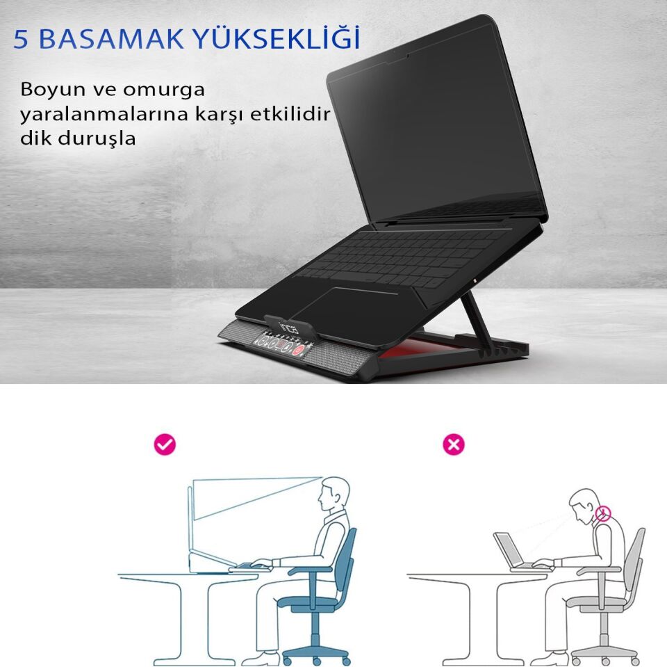 Inc-601gms 6x Fan, 2x Usb, 6 Stage Gaming Notebook Cooler 7 ''-17'' Destekli Laptop soğutucu 2500RPM
