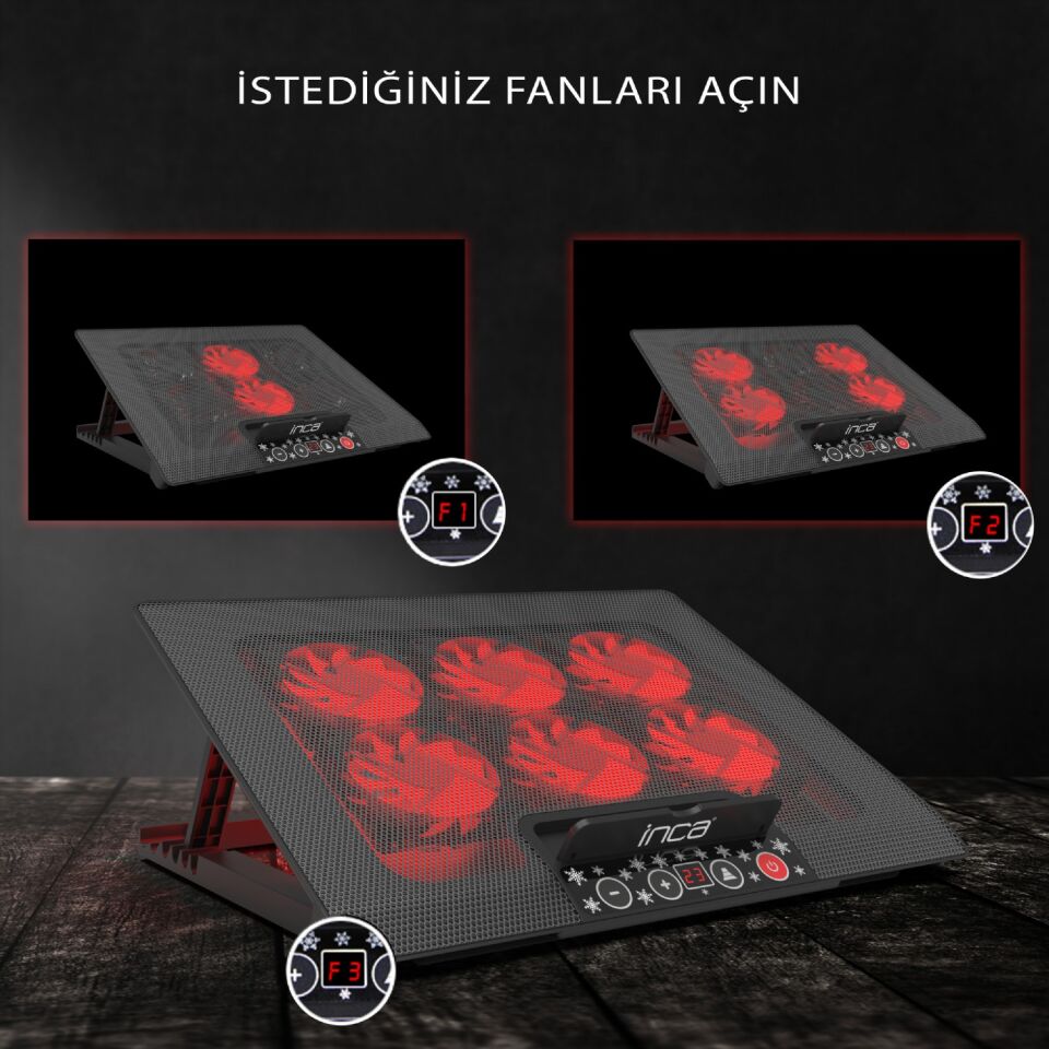 Inc-601gms 6x Fan, 2x Usb, 6 Stage Gaming Notebook Cooler 7 ''-17'' Destekli Laptop soğutucu 2500RPM