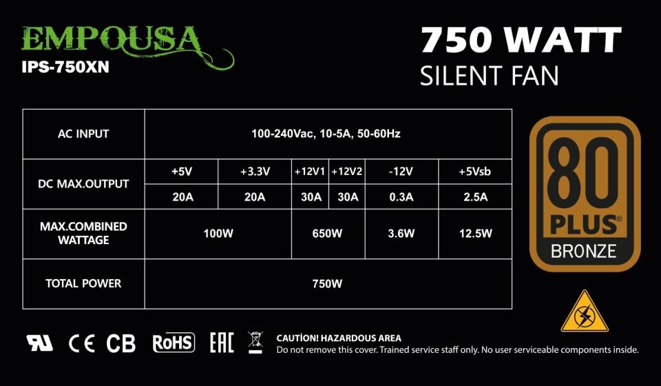 IPS-750XN 750W 80+ Bronze ATX 12V V2.3 Güç Kaynağı (PSU) | Çift +12V Hatlı 120mm Ultra Sessiz Fan Tam Koruma Sistemli