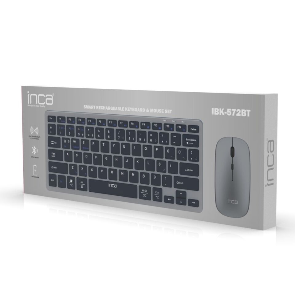 IBK-572BT Klavye Mouse Set | Bluetooth 5.0 + 2.4G Şarjlı Ultra Slim Klavye & 1600 DPI Kablosuz Mouse Set