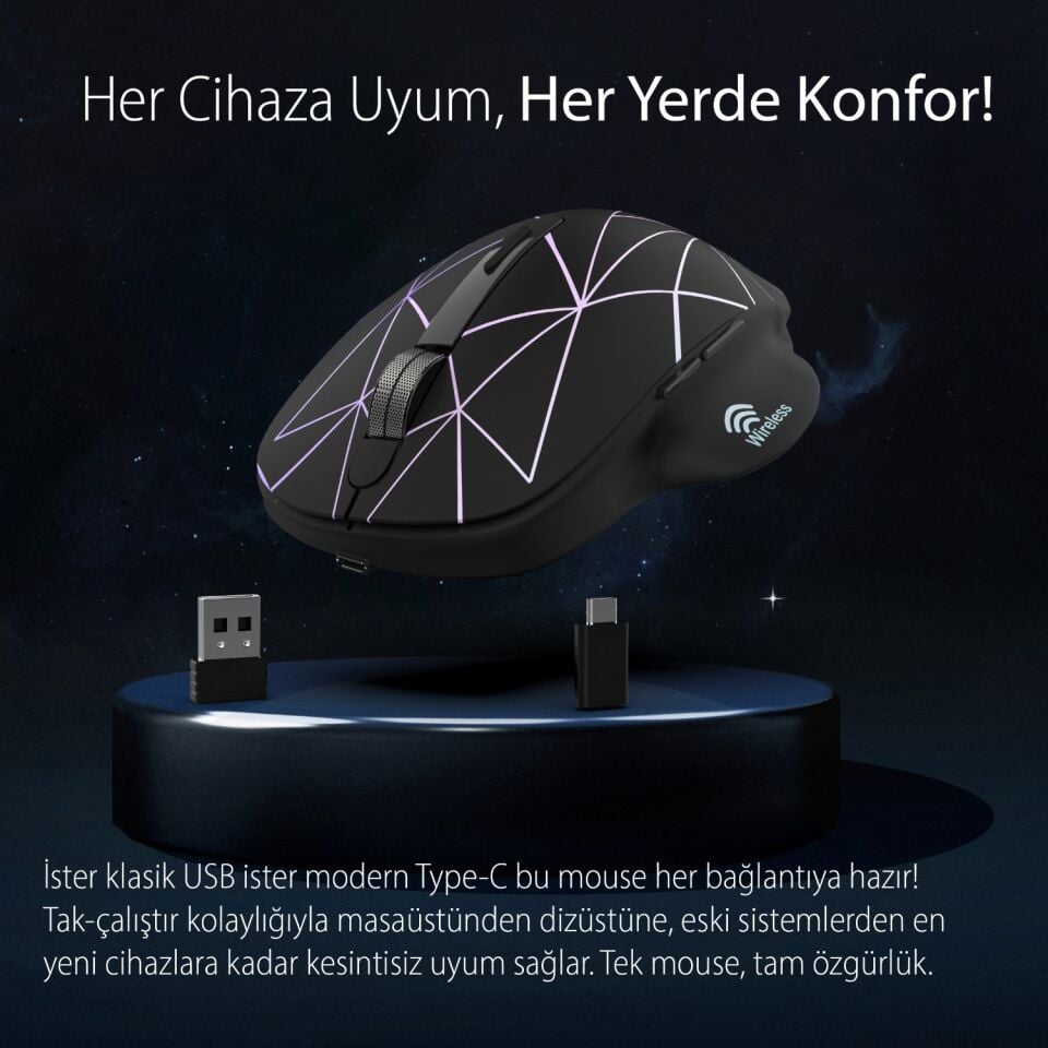 IWM-551 Kablosuz USB Type C Şarj Edilebilir 1600 DPI RGB Mouse