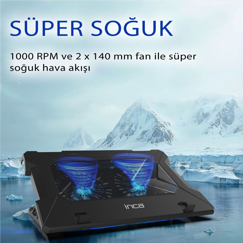 INC-321RX Yüksek Hava Akımlı Çift 140mm Fanlı Gaming Laptop Soğutucu | 70 CFM 1000 RPM On/Off Tuşlu Anti-Slip