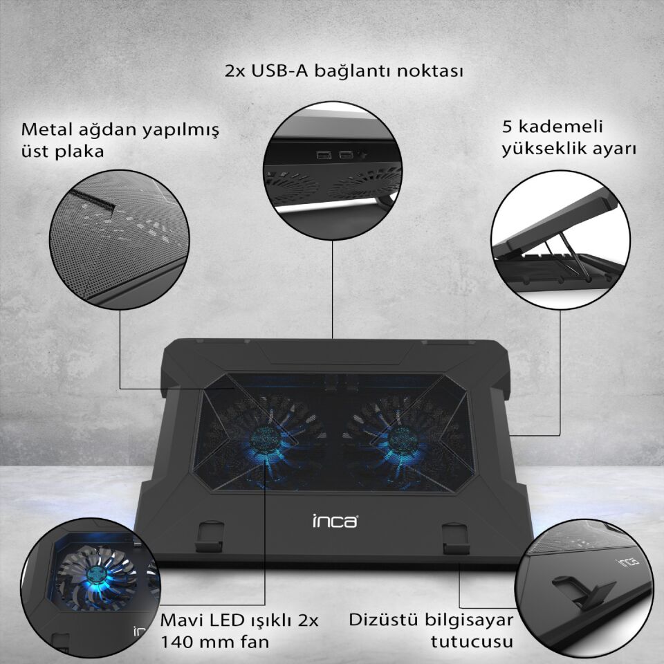 INC-321RX Yüksek Hava Akımlı Çift 140mm Fanlı Gaming Laptop Soğutucu | 70 CFM 1000 RPM On/Off Tuşlu Anti-Slip