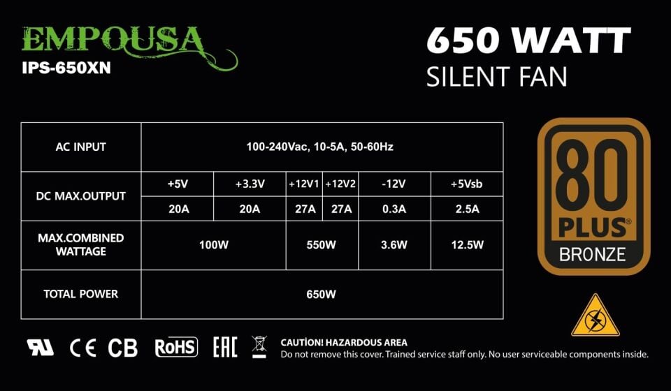 IPS-650XN 650W Bronze ATX 12V v2.3 120mm Sessiz Fanlı Güç Kaynağı