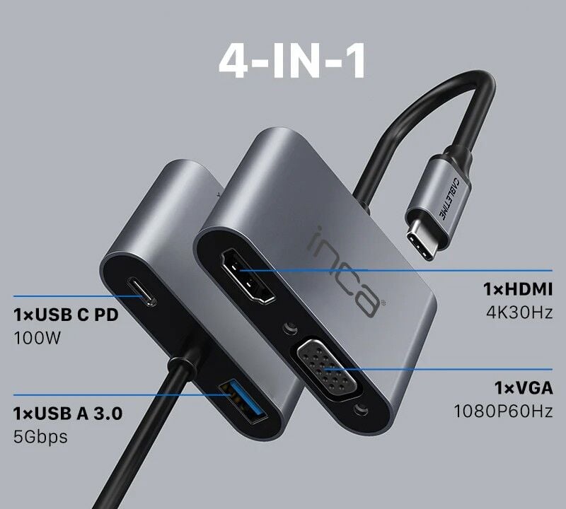 ITPC-06TX USB Type-C HDMI VGA USB 3.0 Çoklayıcı | 100W Güç Dağıtımı 4K@30Hz