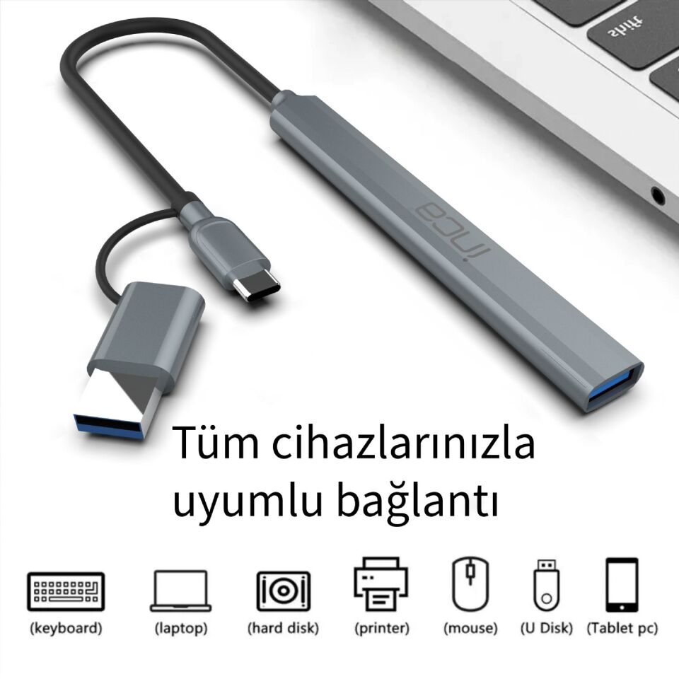 IUTP-06T USB-C Dönüştürücü Adaptör | USB 3.0  USB 2.0  Type-C  100W Güç Dağıtımı