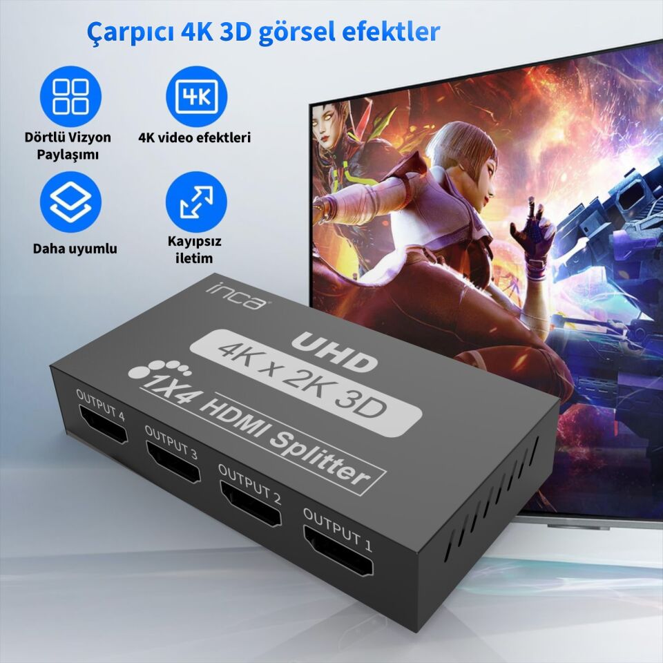 IHSK-430 HDMI 1x4 Splitter Adaptör | 3840x2160@30Hz 4K  3D Video DTS/Dolby Ses