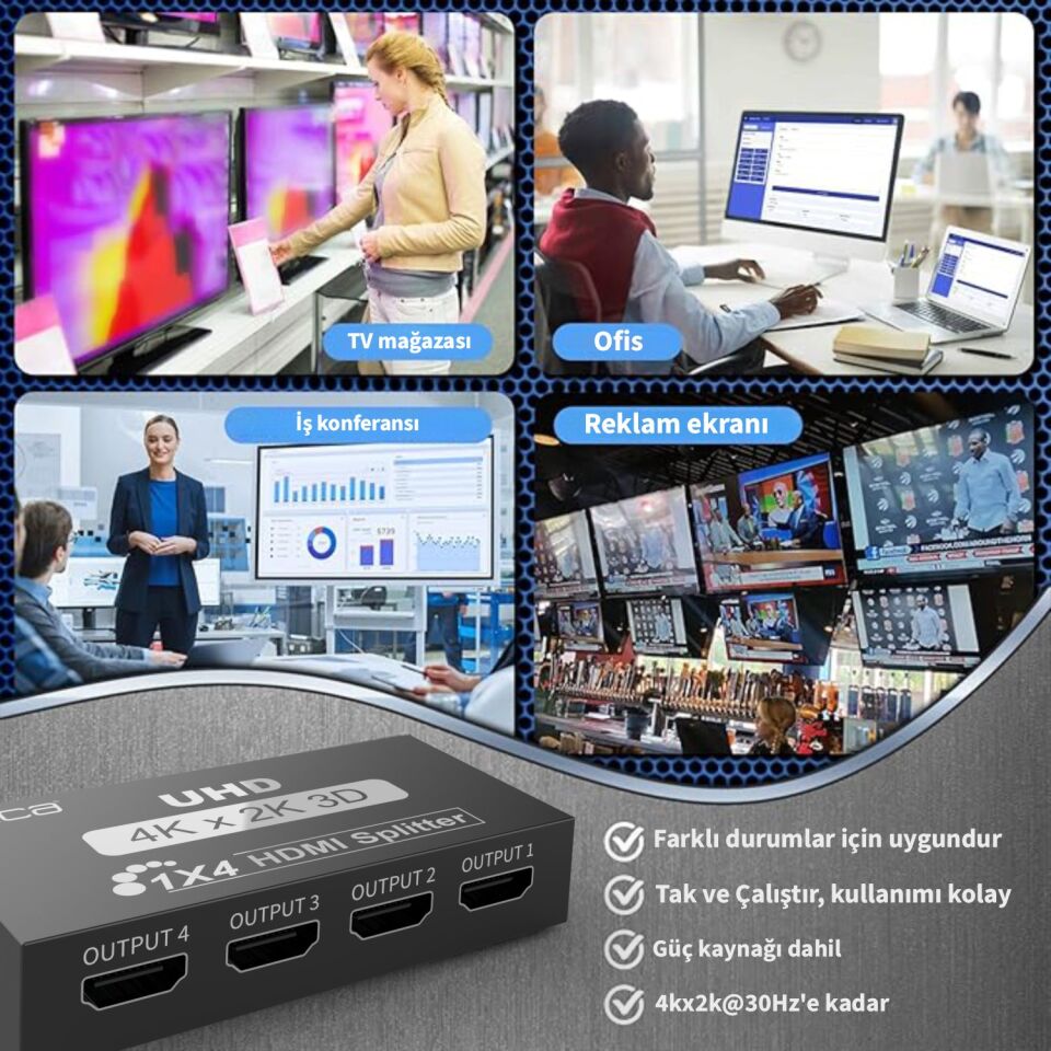 IHSK-430 HDMI 1x4 Splitter Adaptör | 3840x2160@30Hz 4K  3D Video DTS/Dolby Ses