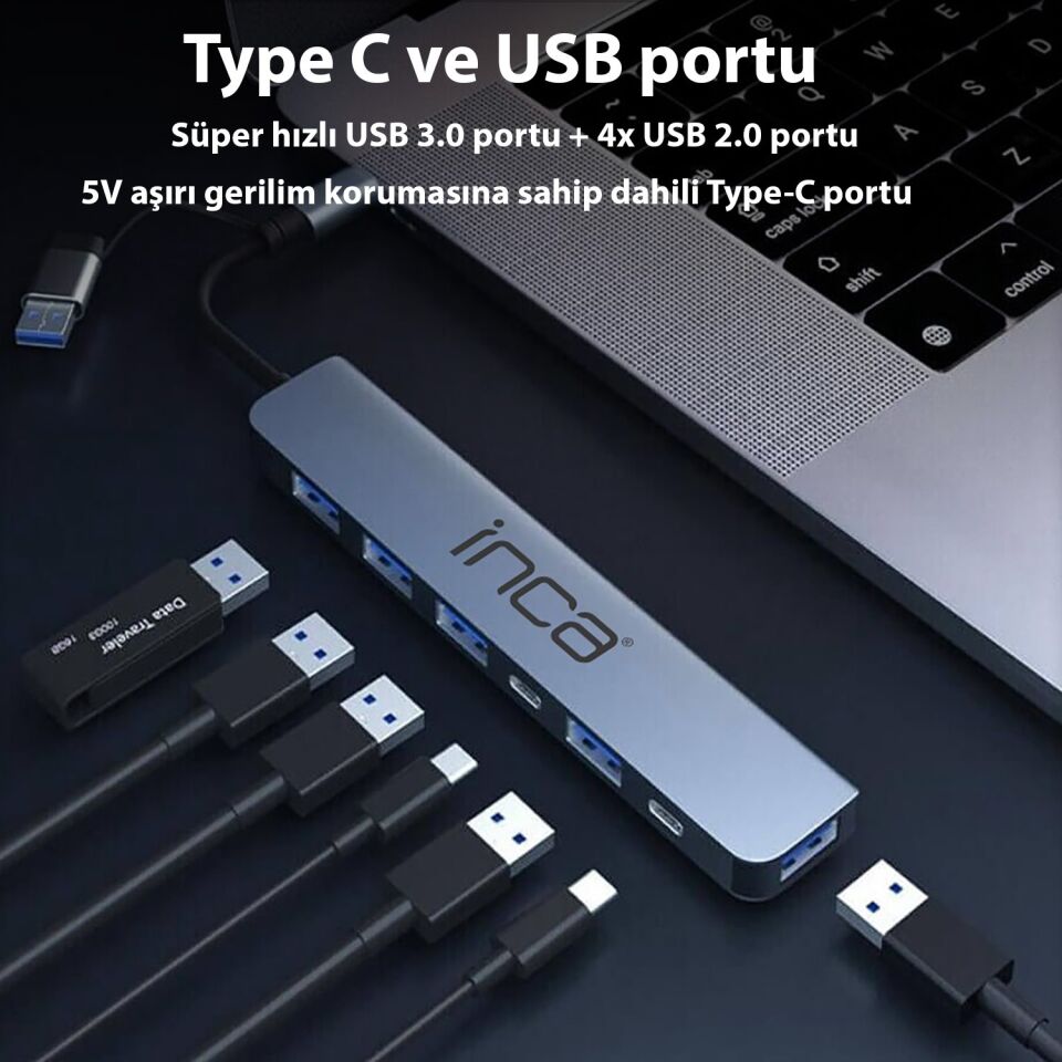 IUTP-7 USB-C Çoklu Port Adaptör | Super Speed USB 3.0  4x USB 2.0  100W Güç Dağıtımı