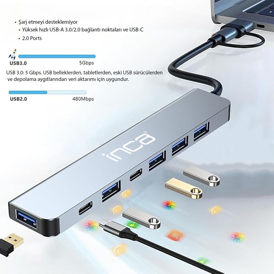 IUTP-7 USB-C Çoklu Port Adaptör | Super Speed USB 3.0  4x USB 2.0  100W Güç Dağıtımı