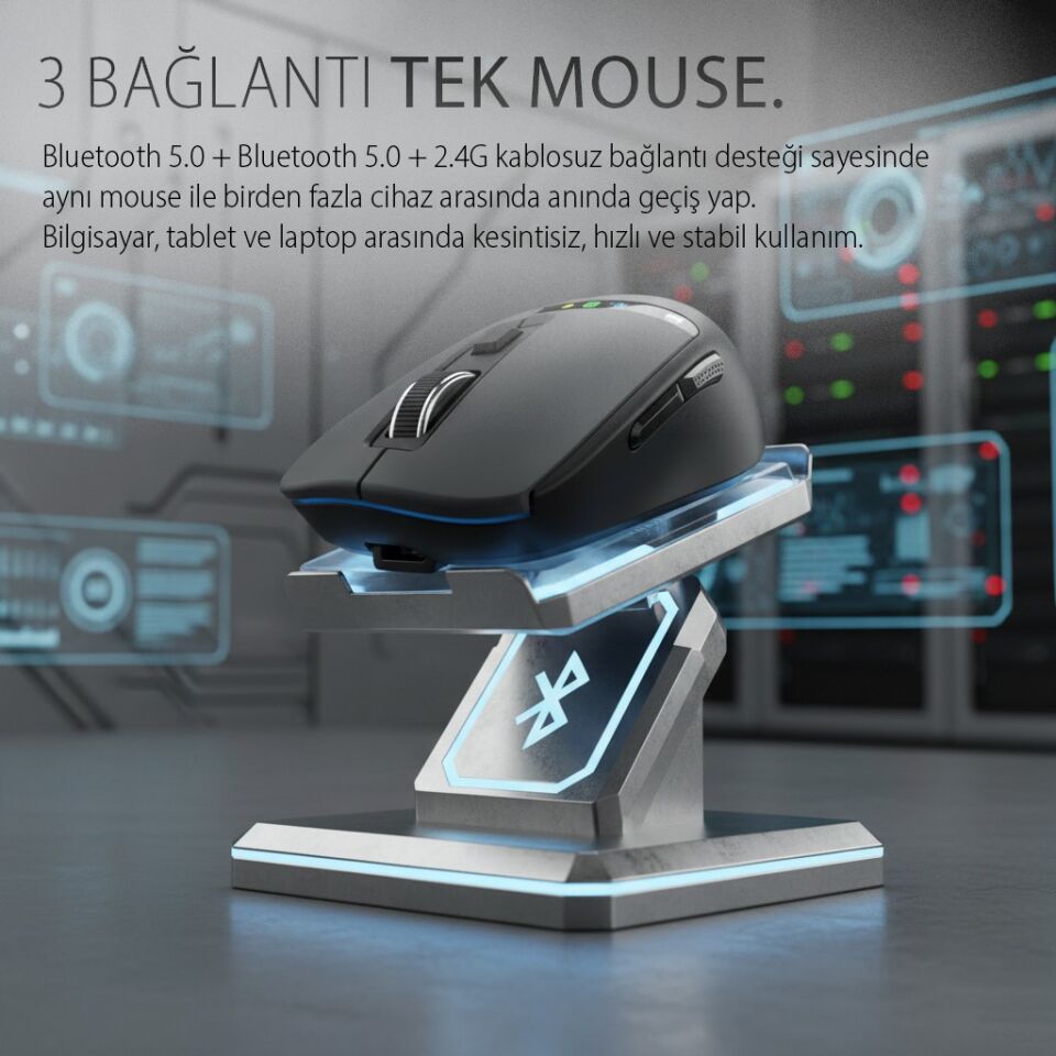IWM-512RS LED Ekranlı Şarjlı Kablosuz Optik Mouse | Çoklu Bağlantı Desteği Bluetooth 5.0 2.4G Sessiz