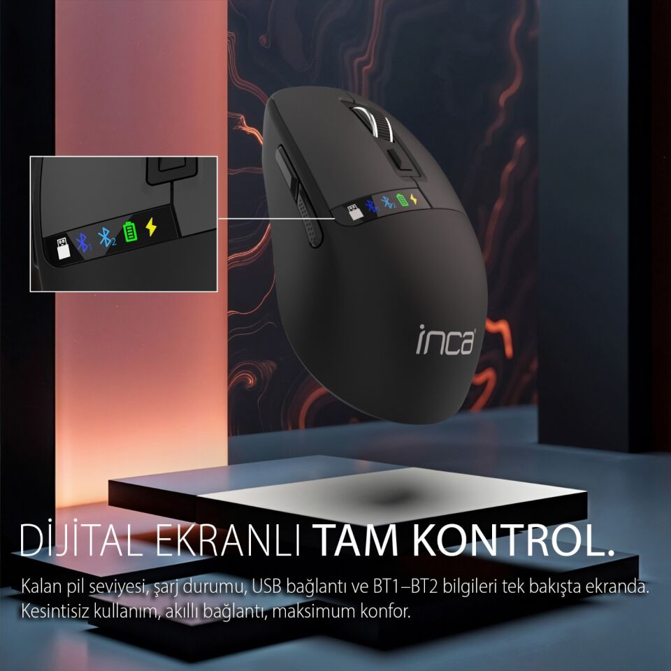 IWM-512RS LED Ekranlı Şarjlı Kablosuz Optik Mouse | Çoklu Bağlantı Desteği Bluetooth 5.0 2.4G Sessiz
