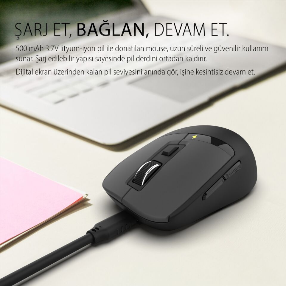 IWM-512RS LED Ekranlı Şarjlı Kablosuz Optik Mouse | Çoklu Bağlantı Desteği Bluetooth 5.0 2.4G Sessiz