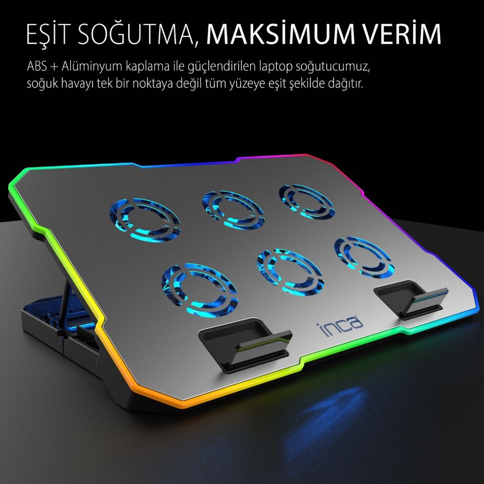 INC-618GMS 6 Fanlı RGB Laptop Soğutucu Stand 9-17” | 2400 RPM 10 LED Mod 5 Kademe Yükseklik Ayarlı