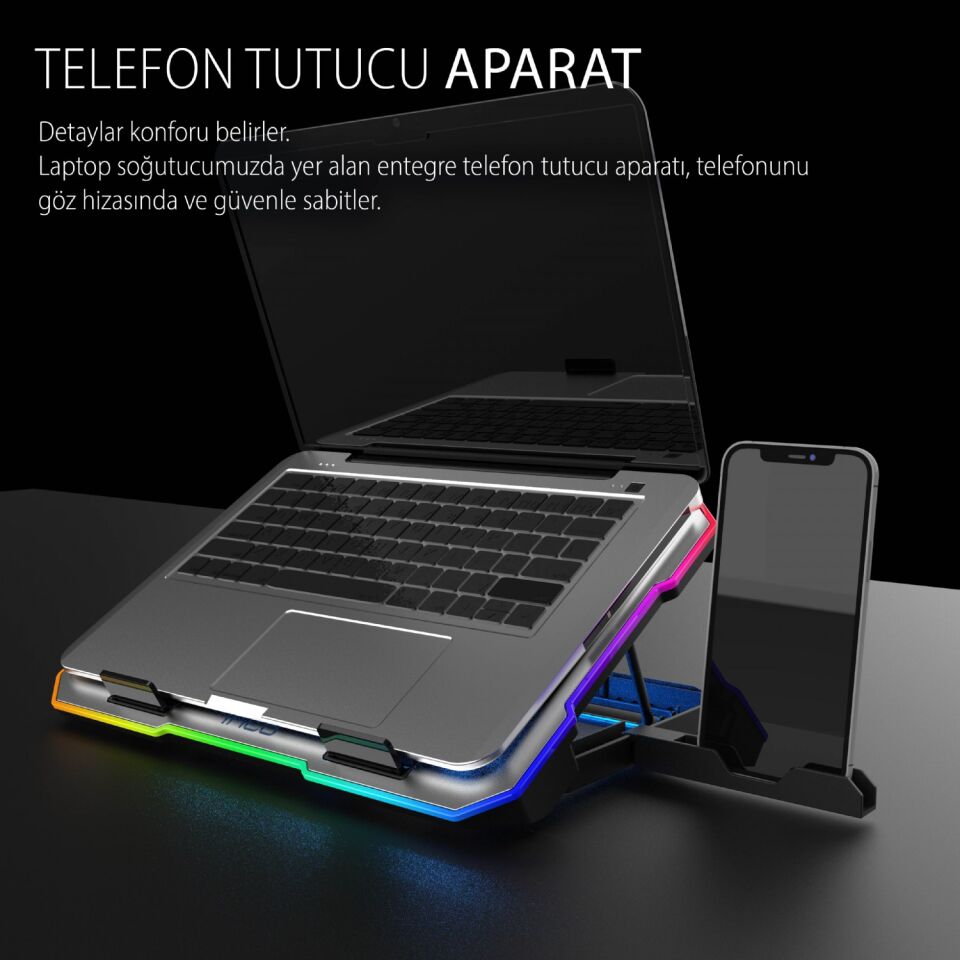 INC-618GMS 6 Fanlı RGB Laptop Soğutucu Stand 9-17” | 2400 RPM 10 LED Mod 5 Kademe Yükseklik Ayarlı
