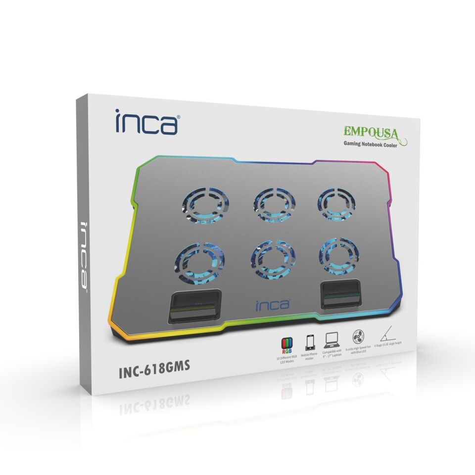 INC-618GMS 6 Fanlı RGB Laptop Soğutucu Stand 9-17” | 2400 RPM 10 LED Mod 5 Kademe Yükseklik Ayarlı